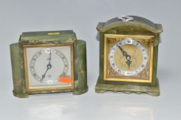TWO GREEN ONYX MANTEL CLOCKS, both by Elliot, one is Art Deco in style with Sorley of Glasgow