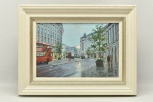 CHARLES ROWBOTHAM (BRITISH) 'REGENT STREET REFLECTIONS', a London cityscape in the rain, signed