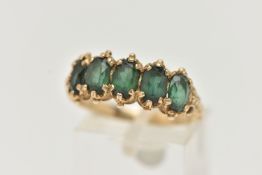 A 9CT GOLD FIVE STONE RING, set with five oval cut green tourmaline, each claw set, applied bead