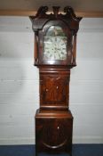AN EARLY 19TH CENTURY FLAME MAHOGANY EIGHT DAY LONGCASE CLOCK, with twin swan neck pediment, the