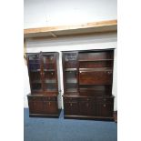 A STAG MINSTREL DRESSER, the top section fitted with an arrangement of shelving, a bevelled glass