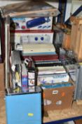 A BOX AND LOOSE SEWING MACHINE, KNITTING MACHINE, ART MATERIALS AND BOOKS, to include a cased