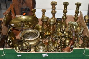 A BOX OF BRASS CANDLESTICKS AND ORNAMENTS ETC, to include two pairs of candlesticks, a single