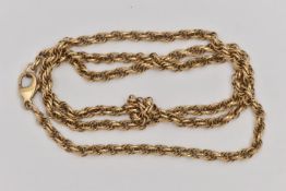 A 9CT GOLD ROPE TWIST CHAIN, fitted with a lobster clasp, hallmarked 9ct Birmingham, length 450mm,