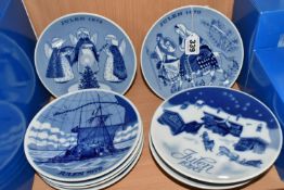 ELEVEN NORWEGIAN PORSGRUND BLUE AND WHITE COMMEMORATIVE YEAR AND CHRISTMAS PLATES, year plates for
