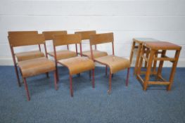 A SET OF SIX CHILDS TUBULAR METAL STACKING CHAIRS, labelled 'A Shepherds Product' to rear, along