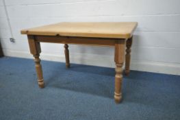 AN EARLY 20TH CENTURY PINE KITCHEN TABLE, on turned legs, length 122cm x depth 96cm x height 80cm (