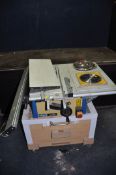 A SCHEPPACH TS2010 TABLE SAW attached to a bespoke dust extractor table with spare blades and