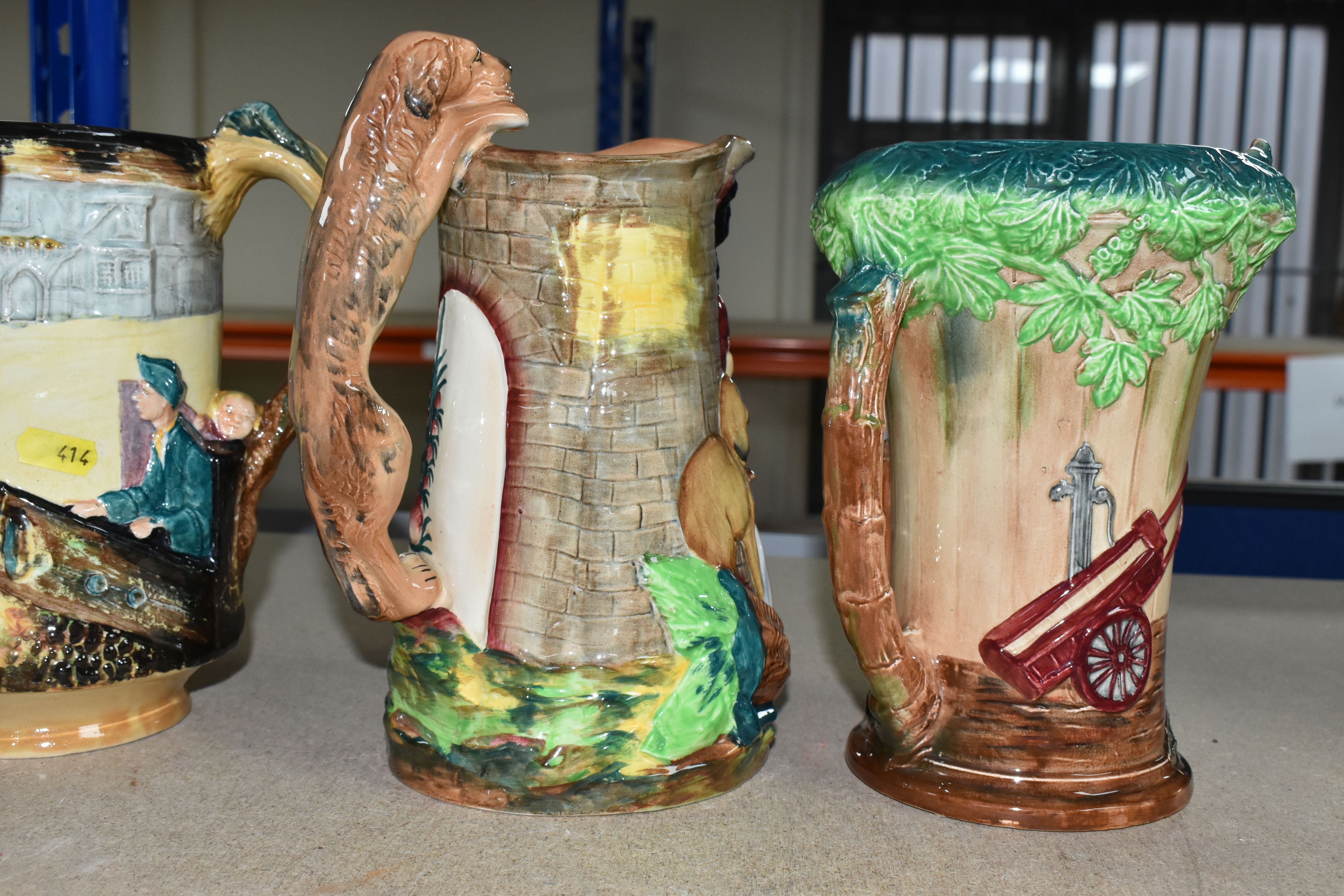 FOUR BURLEIGH WARE JUGS/PITCHERS, comprising 'Old Feeding Time' with a dog handle, 'The Village - Image 3 of 10
