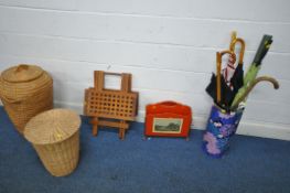 A SELECTION OF OCCASIONAL FURNITURE, to include an Alibaba wicker basket and another wicker