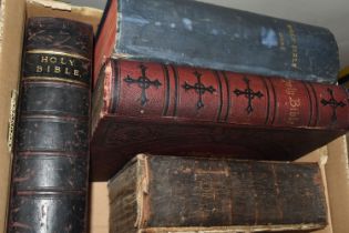 FOUR ANTIQUARIAN BIBLES comprising a Broen's Self-Interpreting Family Bible, leather bound, brass