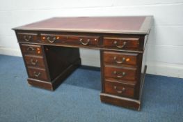 A 19TH CENTURY MAHOGANY TWIN PEDESTAL DESK, with burgundy leatherette writing surface, fitted with