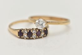 TWO 9CT GOLD, GEM SET RINGS, the first a single cubic zirconia ring, claw set, pinched shoulders