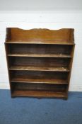 A 20TH CENTURY OAK FIVE TIER OPEN BOOKCASE, with a raised back, width 122cm x depth 31cm x height
