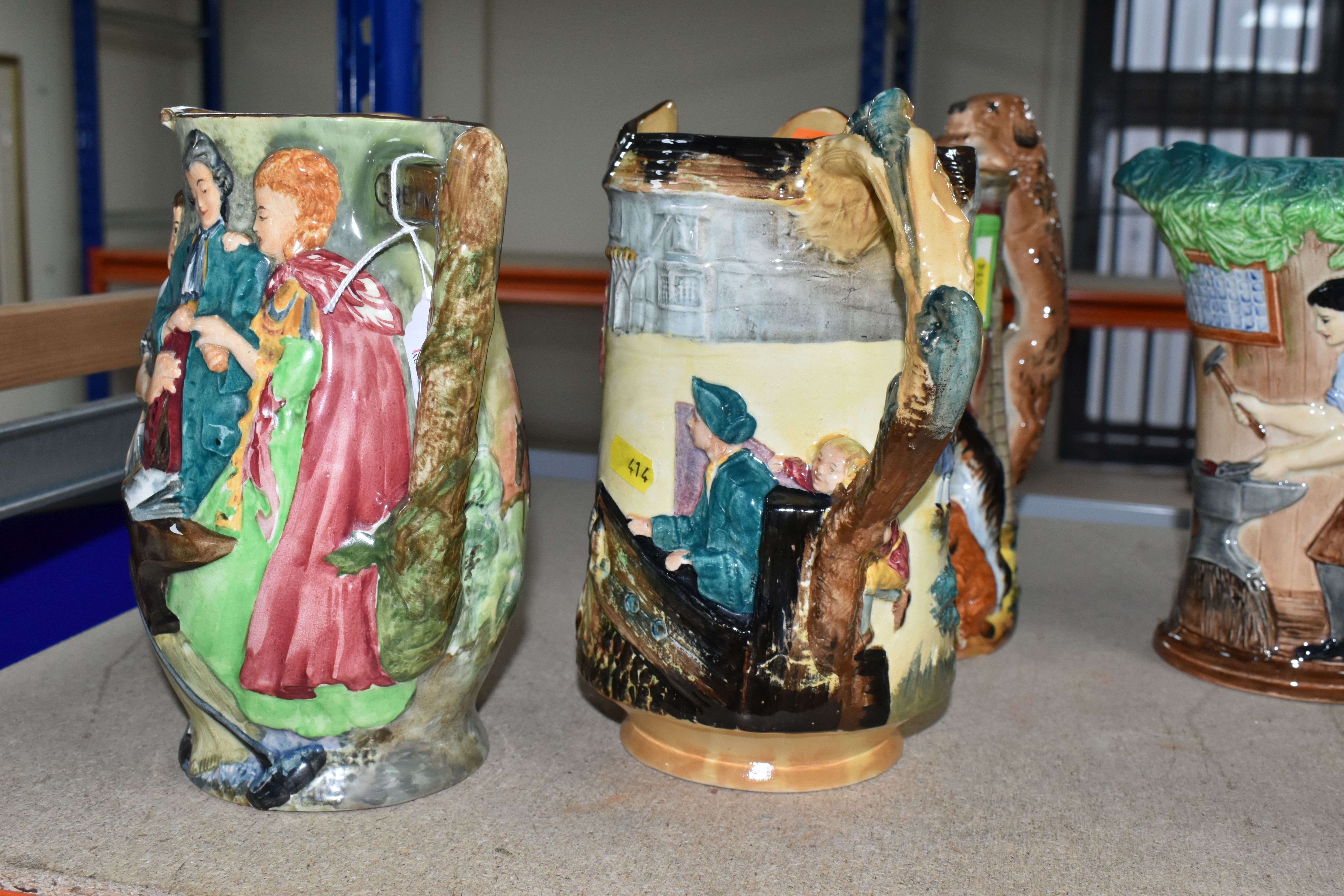 FOUR BURLEIGH WARE JUGS/PITCHERS, comprising 'Old Feeding Time' with a dog handle, 'The Village - Image 7 of 10