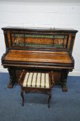A LATE 19TH CENTURY BROOKLYN PIANO CO FOR H TAYLOR AND SON, BURR WALNUT AND EBONISED UPRIGHT