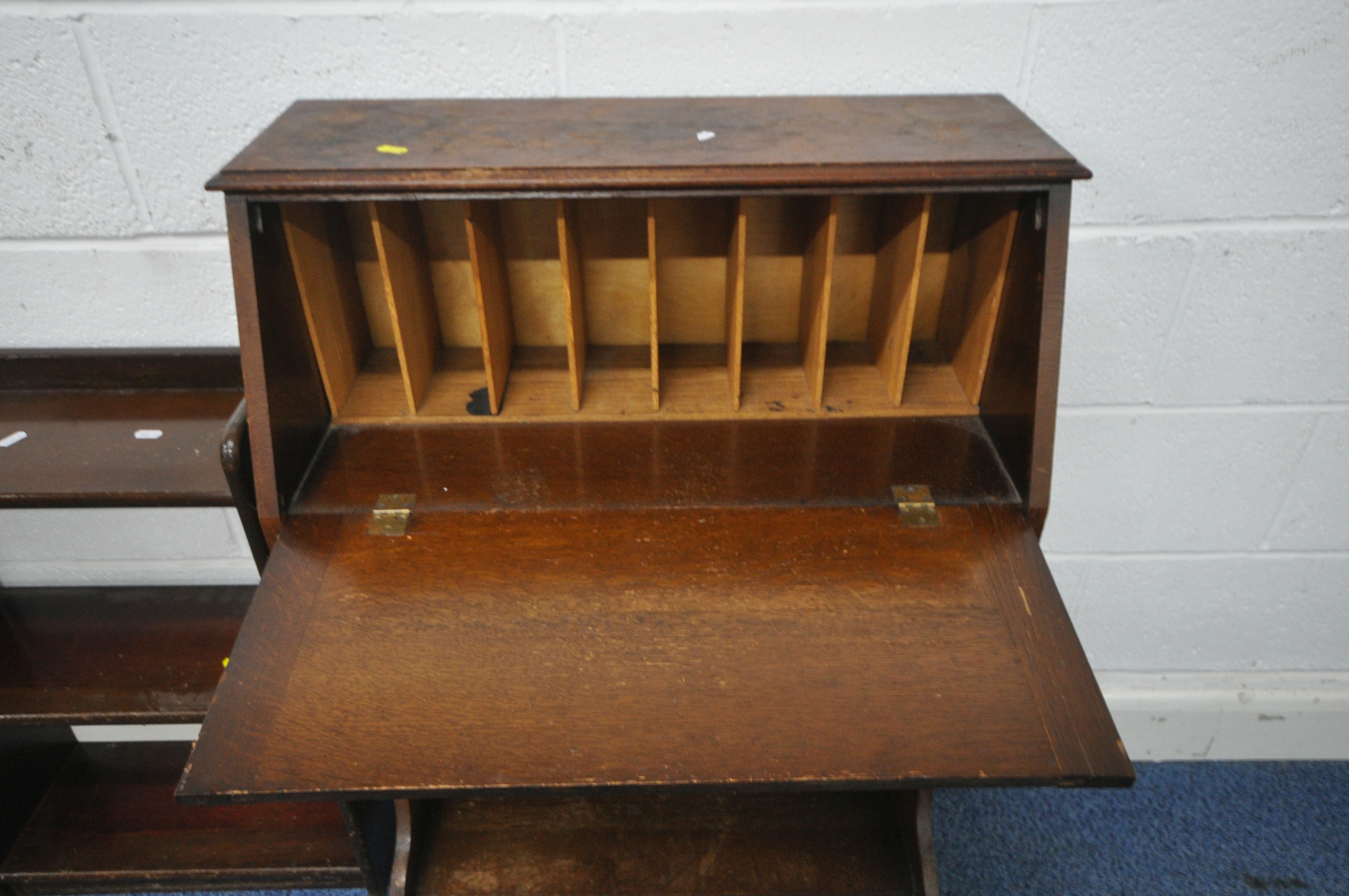 A 20TH CENTURY OAK STUDENT BUREAU, the fall front door enclosing a fitted interior, above and single - Image 5 of 5