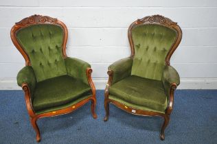 TWO REPRODUCTION VICTORIAN STYLE ARMCHAIRS, with foliate crest, button back, on front cabriole