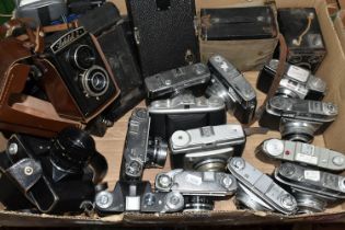 A BOX OF CAMERAS, to include a Zenit B camera with a Helios f2 58mm lens, Zenit-E Moscow Olympics