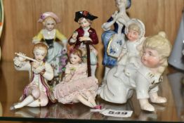 A GROUP OF PORCELAIN FIGURES, comprising a pair of Irish Dresden figures - Romeo and Juliet (