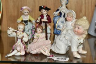 A GROUP OF PORCELAIN FIGURES, comprising a pair of Irish Dresden figures - Romeo and Juliet (