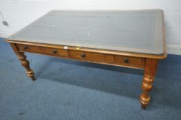 A VICTORIAN OAK PARTNERS DESK, with black tooled leather writing surface, two frieze drawer to
