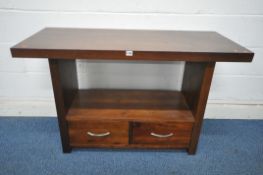 A MODERN STAINED HARDWOOD EFFECT SIDE TABLE, with two drawers, width 120cm x depth 52cm x height