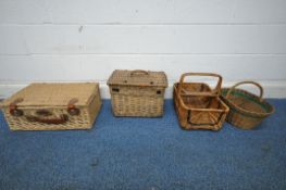 FOUR VARIOUS WICKER BASKETS, to include a Sherwood hampers picnic basket, without contents,