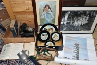 TWO BOXES OF MISCELLANEOUS SUNDRIES, to include a black Bakelite converted telephone 312F PL53/3A (