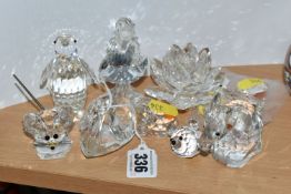 NINE PIECES OF SWAROVSKI CRYSTAL, comprising a swan, an elephant, a mouse, a penguin (chipped beak