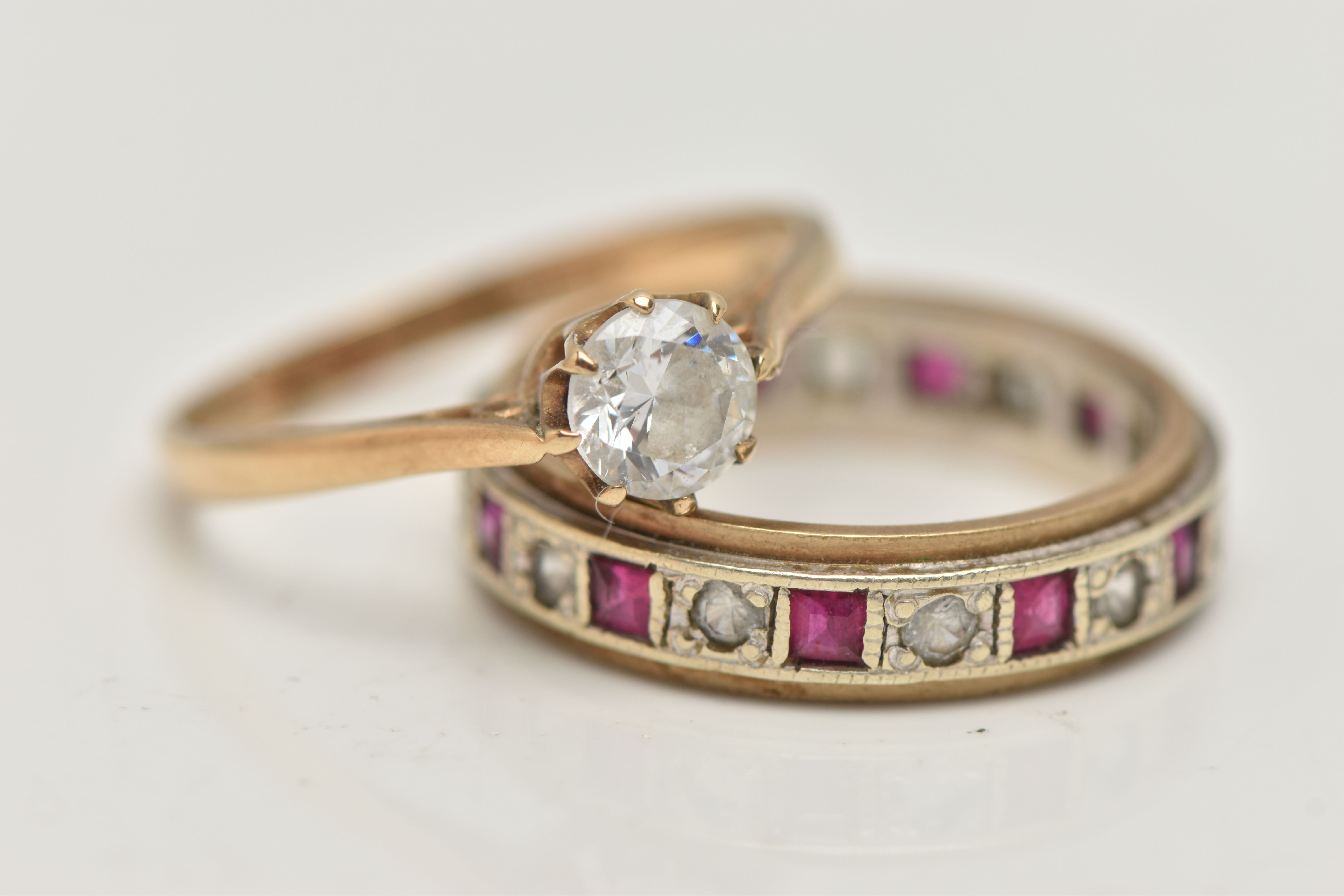 TWO GEM SET RINGS, the first a 9ct gold, single cubic zirconia set ring, pinched shoulders leading - Image 2 of 4