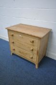 A PINE CHEST OF THREE LONG DRAWERS, width 84cm x depth 50cm x height 73cm (condition report: aged