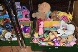 THREE BOXES AND LOOSE TOYS, to include My Little Pony, Mr Men and Peppa Pig plushes, a Dinky USS