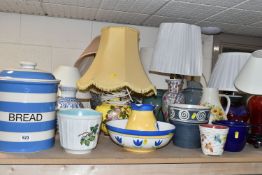 A QUANTITY OF TABLE LAMPS AND CERAMICS, comprising a large T.G Green Cornish Ware bread bin with