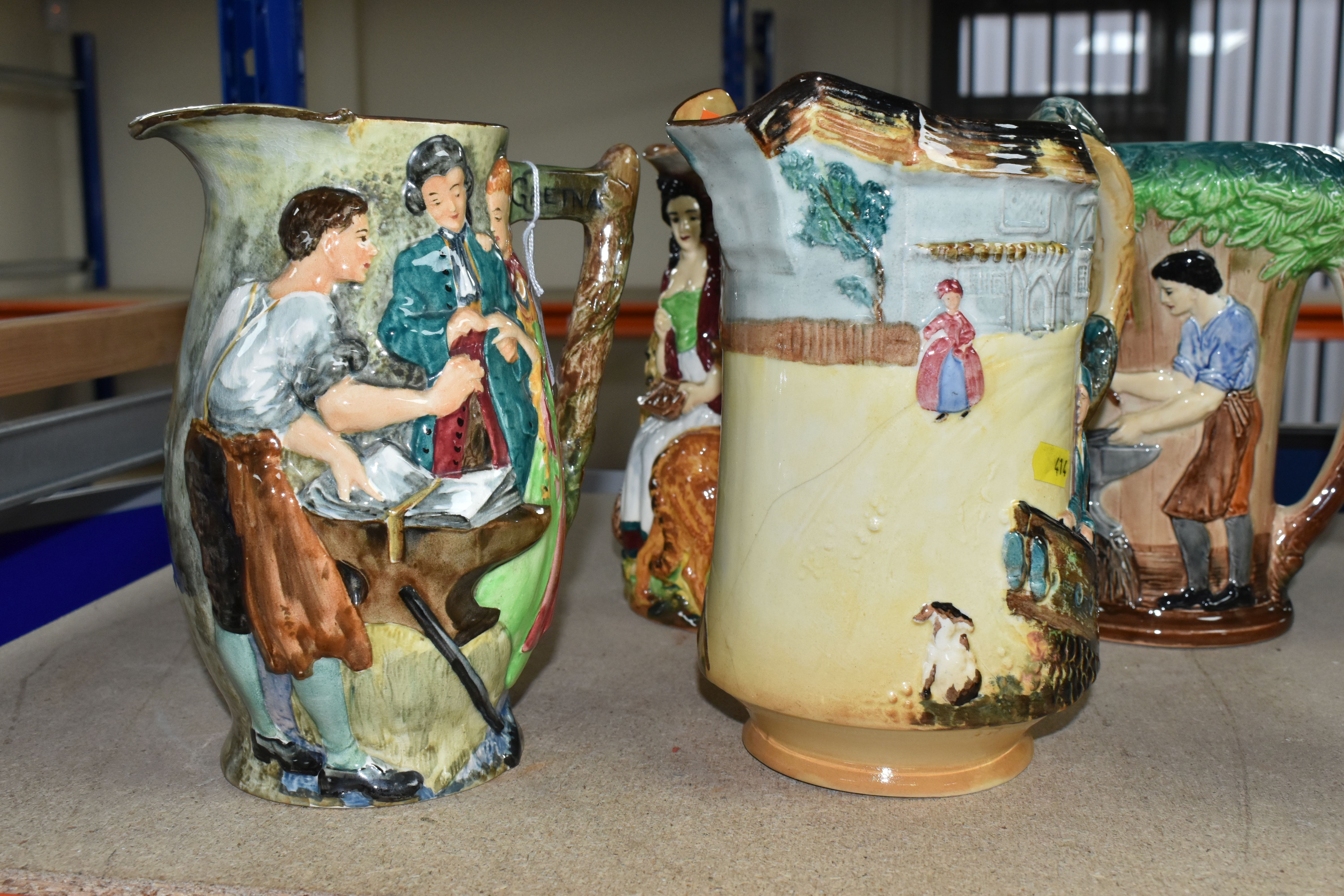 FOUR BURLEIGH WARE JUGS/PITCHERS, comprising 'Old Feeding Time' with a dog handle, 'The Village - Image 5 of 10