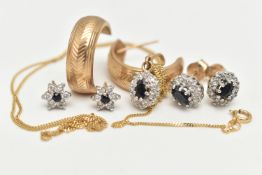 ASSORTED JEWELLERY ITEMS, to include a pair of 9ct gold oval sapphire and diamond cluster stud