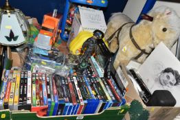 THREE BOXES OF TOYS AND DVDS, to include over thirty DVDs Batman, Star Wars, Rocky, Scream, New