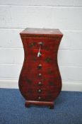 A CHINESE STYLE RED FINISH CHEST OF SEVEN DRAWERS, decorated in the chinoiserie taste with foliage