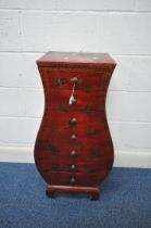 A CHINESE STYLE RED FINISH CHEST OF SEVEN DRAWERS, decorated in the chinoiserie taste with foliage