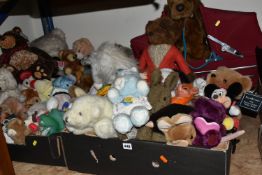 THREE BOXES AND LOOSE SOFT TOYS, DOLLS AND DOLL'S PRAM, to include a Charlesworth doll's pram, a