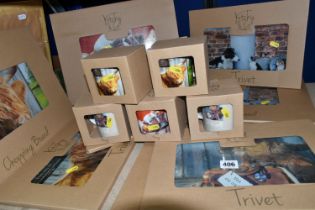 EIGHT INDIVIDUALLY BOXED BORDER FINE ARTS 'KITCHY & CO' GLASS CHOPPING BOARDS AND FIVE BOXED MUGS,