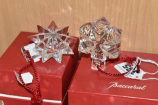 TWO BOXED BACCARAT GLASS CHRISTMAS TREE ORNAMENTS, one a snowflake, the other a nine point star,