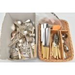 A SELECTION OF MAINLY PLATED AND STAINLESS STEEL CUTLERY, to include a silver handled cake knife,