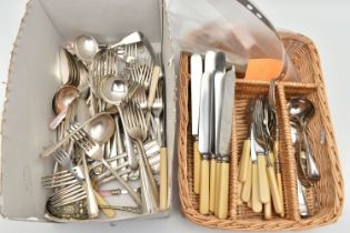 A SELECTION OF MAINLY PLATED AND STAINLESS STEEL CUTLERY, to include a silver handled cake knife,