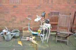 A SELECTION OF METAL GARDEN ORNAMENTS, vintage galvanised buckets and watering cans, a pair of