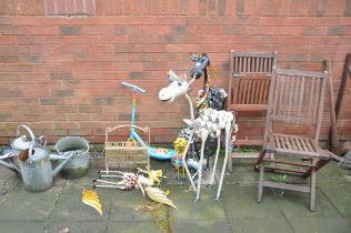 A SELECTION OF METAL GARDEN ORNAMENTS, vintage galvanised buckets and watering cans, a pair of