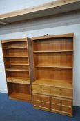 TWO MID CENTURY PARKER KNOLL TEAK BOOKCASES, one with four drawers and two cupboard doors, width