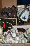 TWO BOXES OF TABLE LAMPS AND SUNDRIES, to include two table lamps, a pair of G-Force ladies