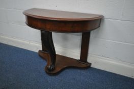 A VICTORIAN MAHOGANY DEMI LUNE SIDE TABLE, front cabriole leg with foliate detail, width 91cm x