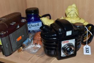 THREE NOVELTY TEAPOTS AND TWO CAMERAS, the teapots comprising a Swinseside Teapottery Kodok (sic)